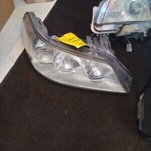 A car headlight with the lights on.